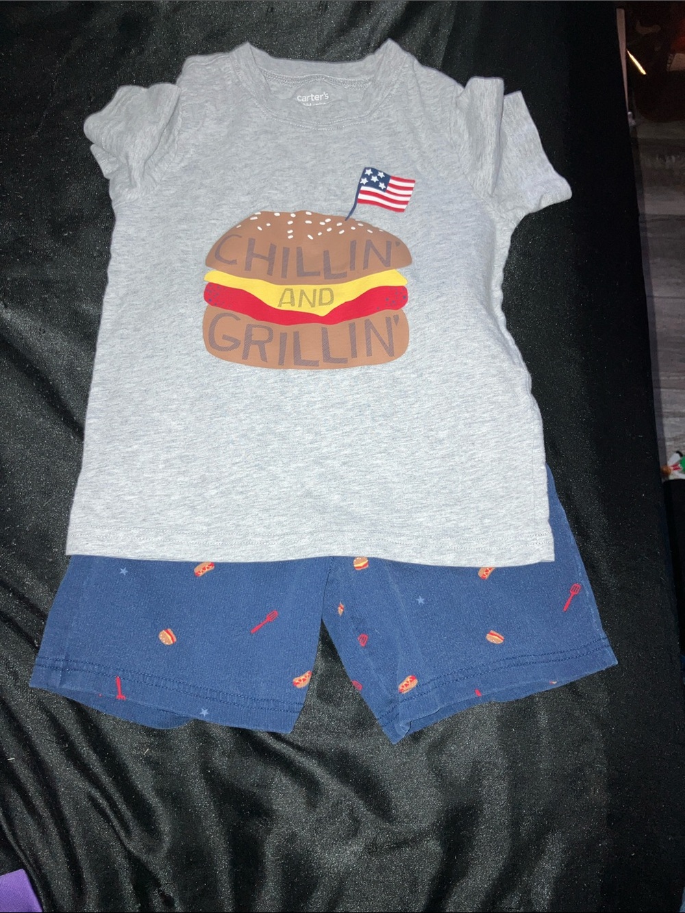 Carter's Grey Tee with Burger Graphic & Navy Grill-Print Shorts